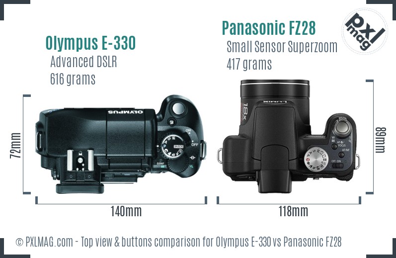 Olympus E-330 vs Panasonic FZ28 top view buttons comparison