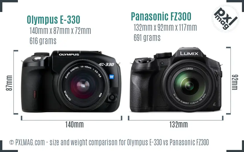 Olympus E-330 vs Panasonic FZ300 size comparison