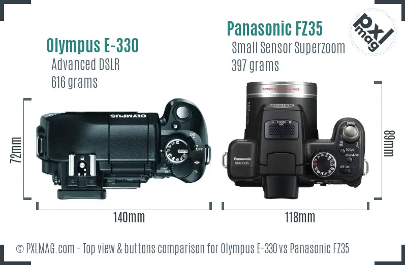Olympus E-330 vs Panasonic FZ35 top view buttons comparison