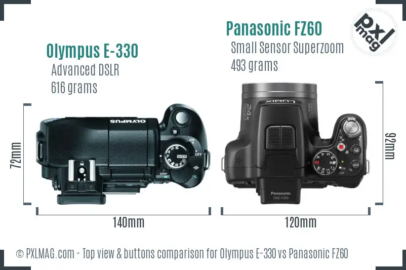 Olympus E-330 vs Panasonic FZ60 top view buttons comparison