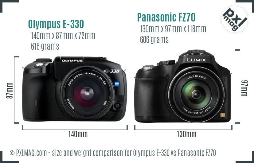 Olympus E-330 vs Panasonic FZ70 size comparison