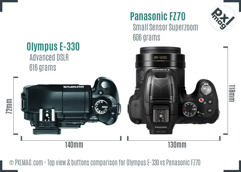 Olympus E-330 vs Panasonic FZ70 top view buttons comparison