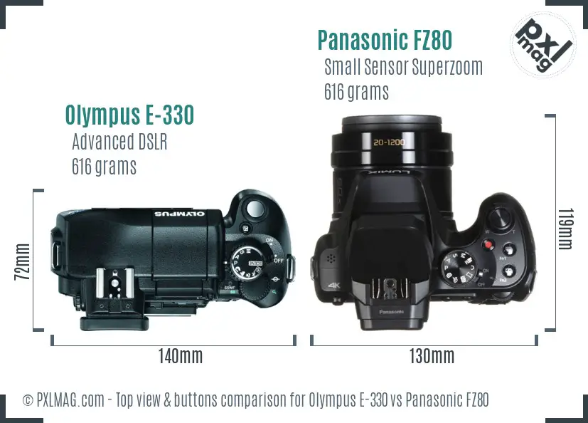 Olympus E-330 vs Panasonic FZ80 top view buttons comparison