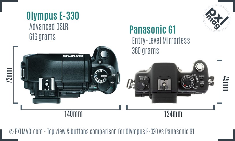 Olympus E-330 vs Panasonic G1 top view buttons comparison