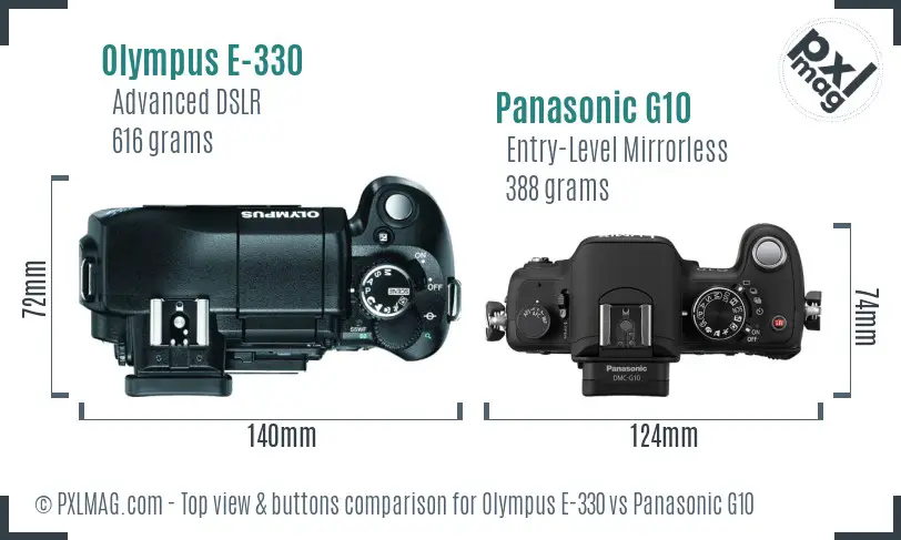 Olympus E-330 vs Panasonic G10 top view buttons comparison