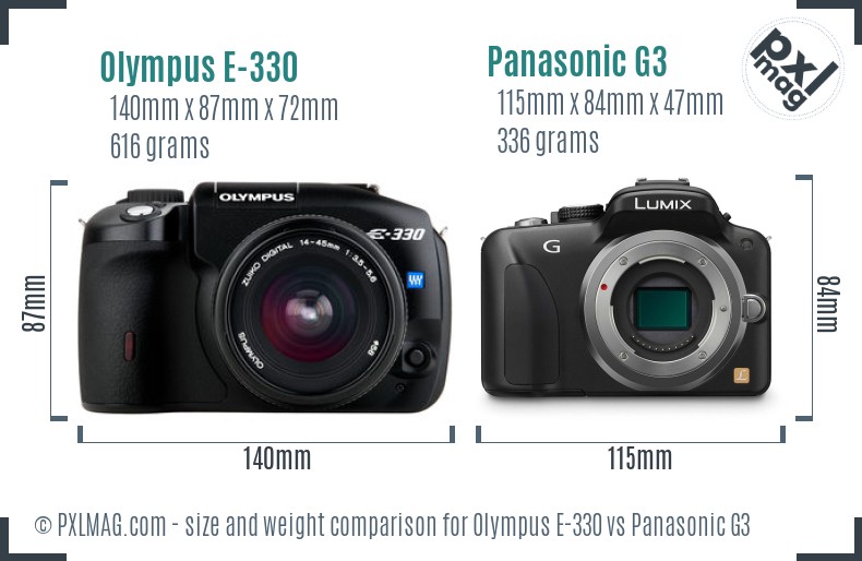 Olympus E-330 vs Panasonic G3 size comparison