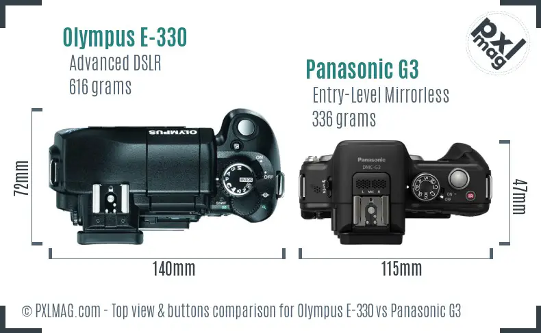 Olympus E-330 vs Panasonic G3 top view buttons comparison