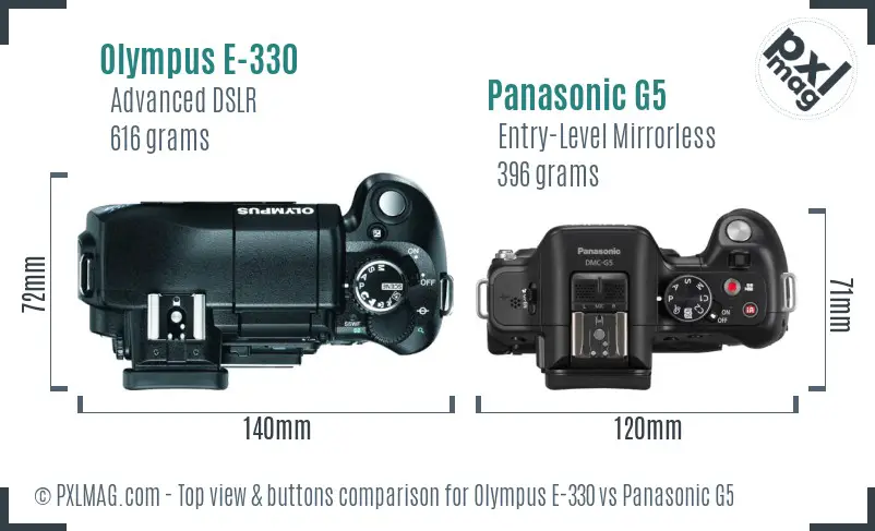 Olympus E-330 vs Panasonic G5 top view buttons comparison