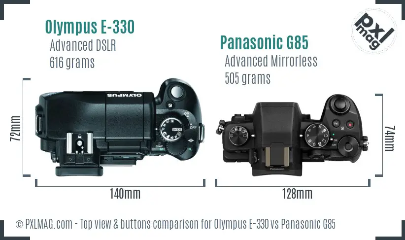 Olympus E-330 vs Panasonic G85 top view buttons comparison