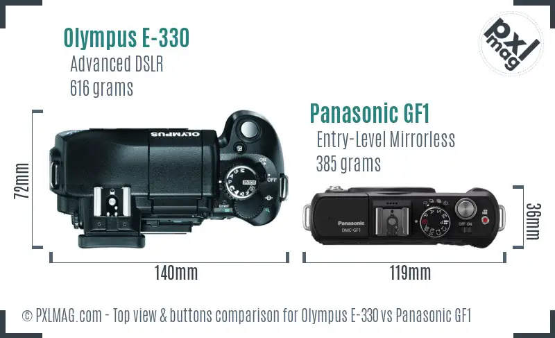 Olympus E-330 vs Panasonic GF1 top view buttons comparison