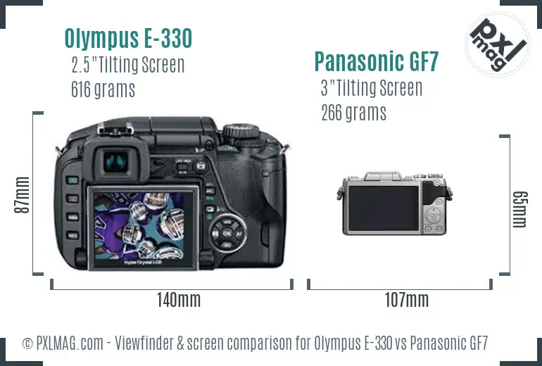 Olympus E-330 vs Panasonic GF7 Screen and Viewfinder comparison