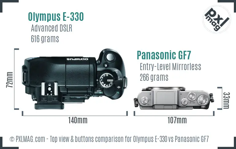 Olympus E-330 vs Panasonic GF7 top view buttons comparison
