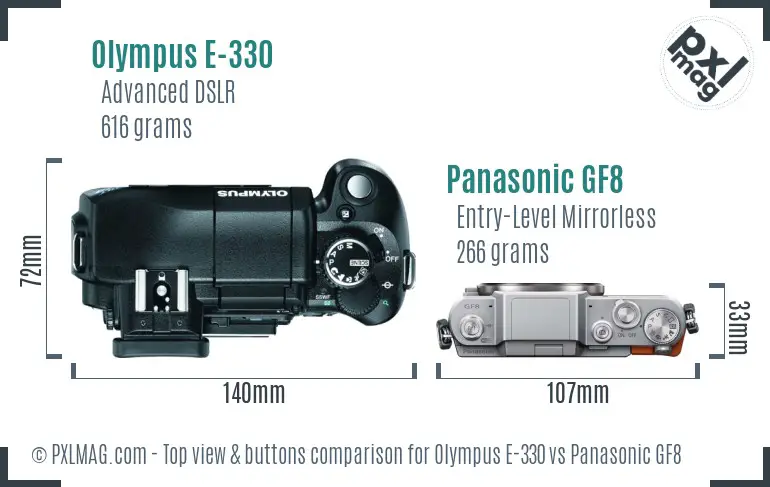 Olympus E-330 vs Panasonic GF8 top view buttons comparison