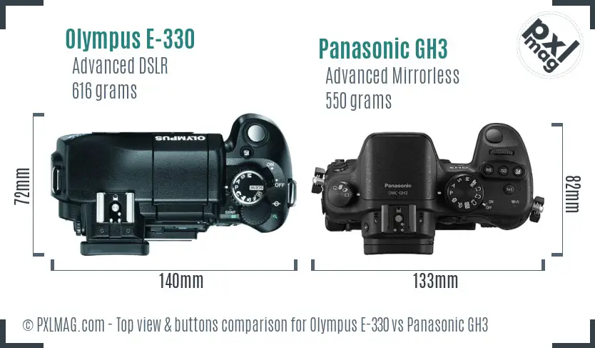 Olympus E-330 vs Panasonic GH3 top view buttons comparison
