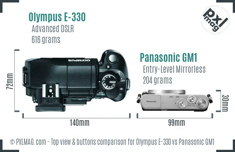 Olympus E-330 vs Panasonic GM1 top view buttons comparison