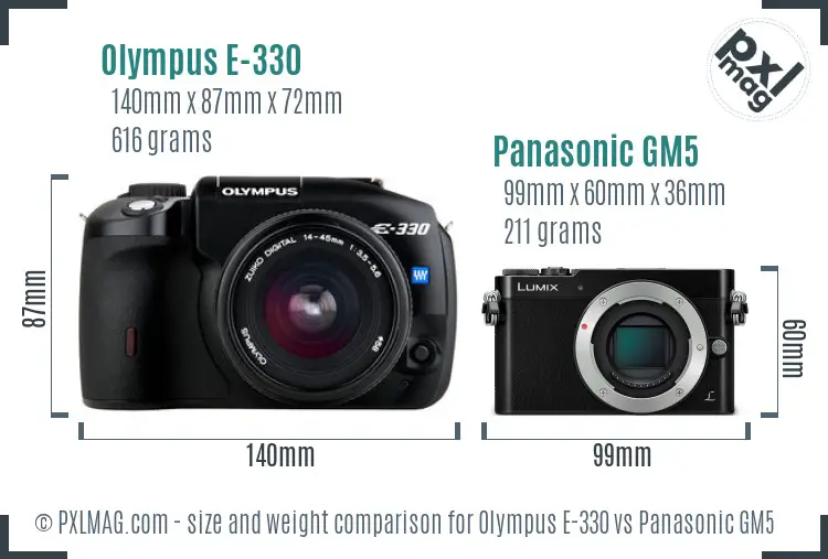 Olympus E-330 vs Panasonic GM5 size comparison