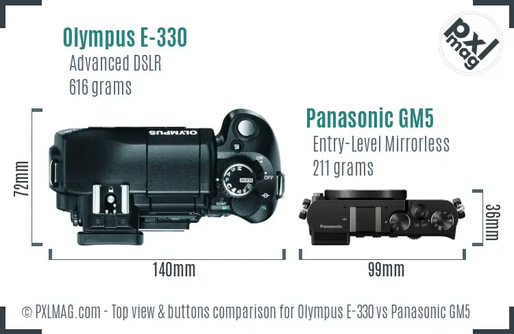 Olympus E-330 vs Panasonic GM5 top view buttons comparison