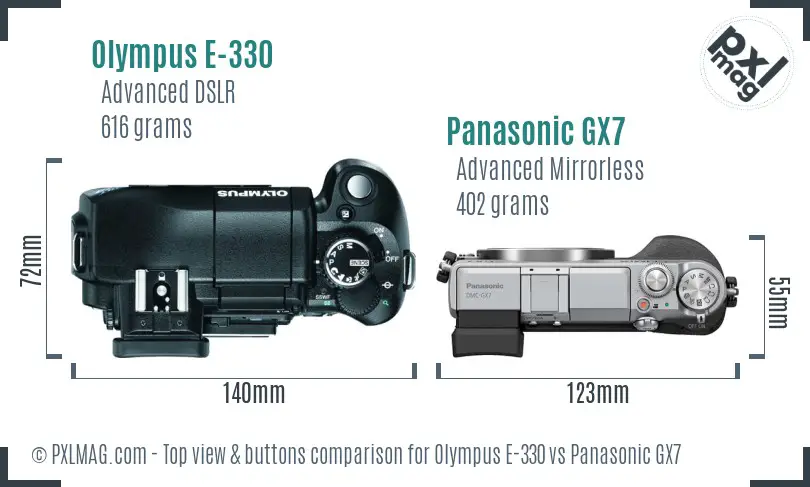 Olympus E-330 vs Panasonic GX7 top view buttons comparison