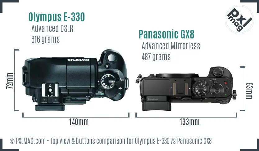 Olympus E-330 vs Panasonic GX8 top view buttons comparison