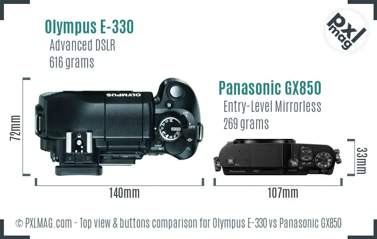 Olympus E-330 vs Panasonic GX850 top view buttons comparison