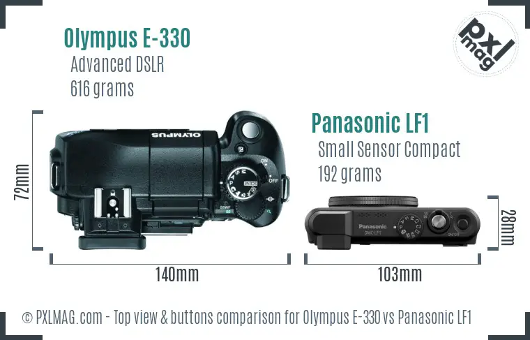 Olympus E-330 vs Panasonic LF1 top view buttons comparison