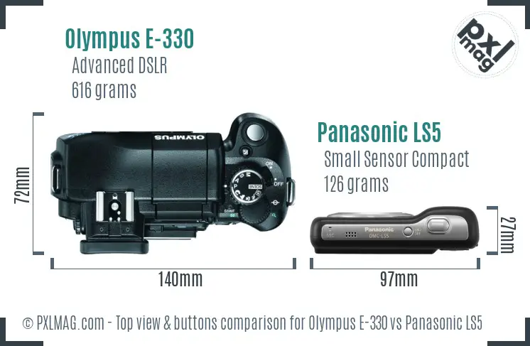 Olympus E-330 vs Panasonic LS5 top view buttons comparison