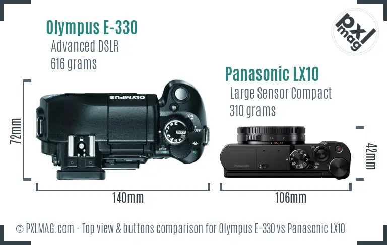 Olympus E-330 vs Panasonic LX10 top view buttons comparison