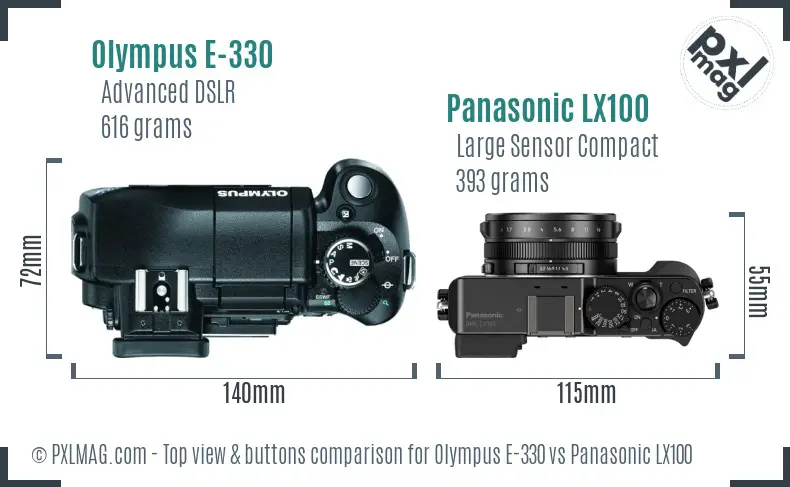 Olympus E-330 vs Panasonic LX100 top view buttons comparison