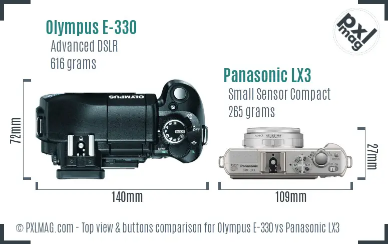 Olympus E-330 vs Panasonic LX3 top view buttons comparison