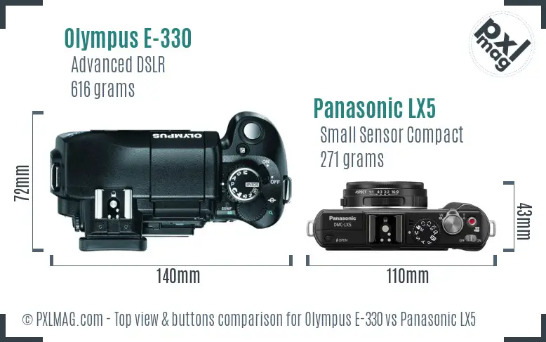 Olympus E-330 vs Panasonic LX5 top view buttons comparison
