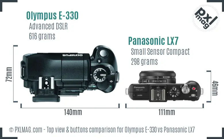 Olympus E-330 vs Panasonic LX7 top view buttons comparison