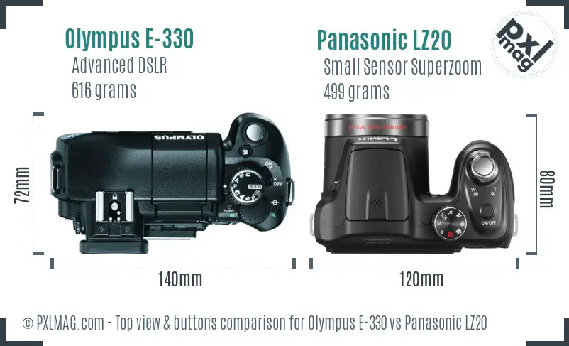 Olympus E-330 vs Panasonic LZ20 top view buttons comparison