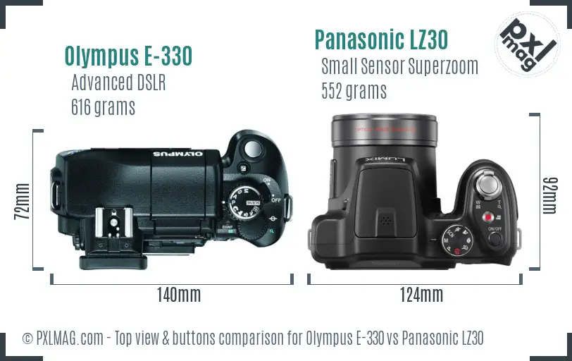 Olympus E-330 vs Panasonic LZ30 top view buttons comparison