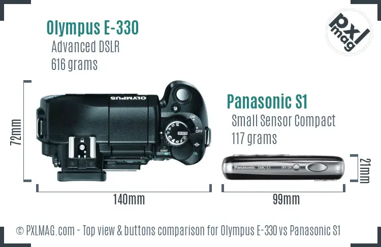 Olympus E-330 vs Panasonic S1 top view buttons comparison Olympus E-330 vs Panasonic S1 top view buttons comparison