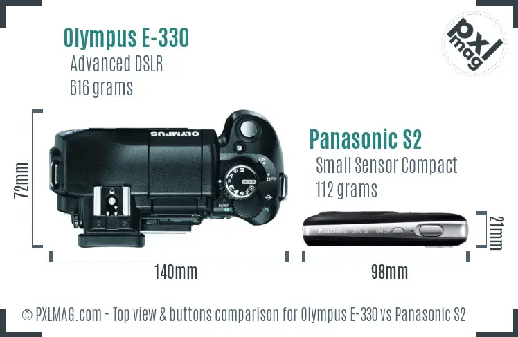 Olympus E-330 vs Panasonic S2 top view buttons comparison