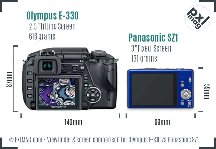 Olympus E-330 vs Panasonic SZ1 Screen and Viewfinder comparison