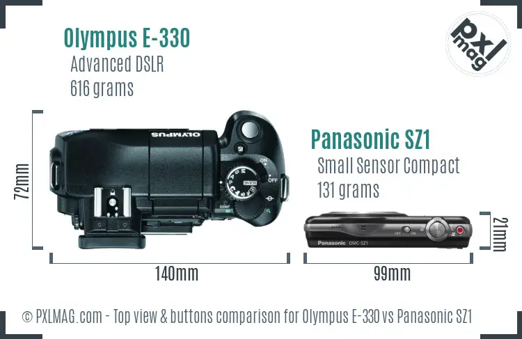 Olympus E-330 vs Panasonic SZ1 top view buttons comparison