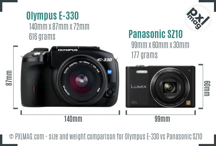 Olympus E-330 vs Panasonic SZ10 size comparison