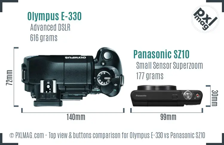 Olympus E-330 vs Panasonic SZ10 top view buttons comparison