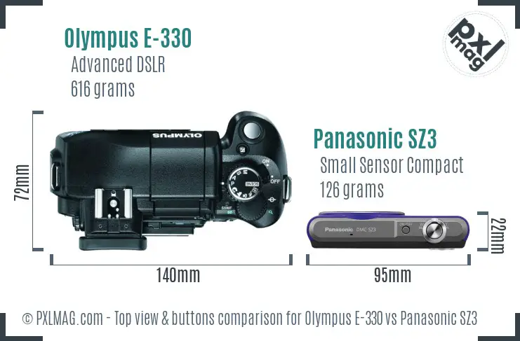 Olympus E-330 vs Panasonic SZ3 top view buttons comparison