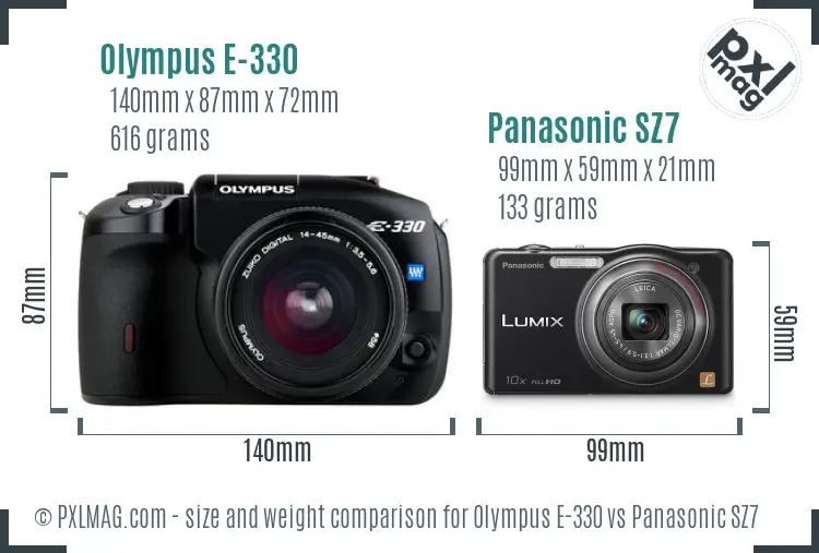 Olympus E-330 vs Panasonic SZ7 size comparison
