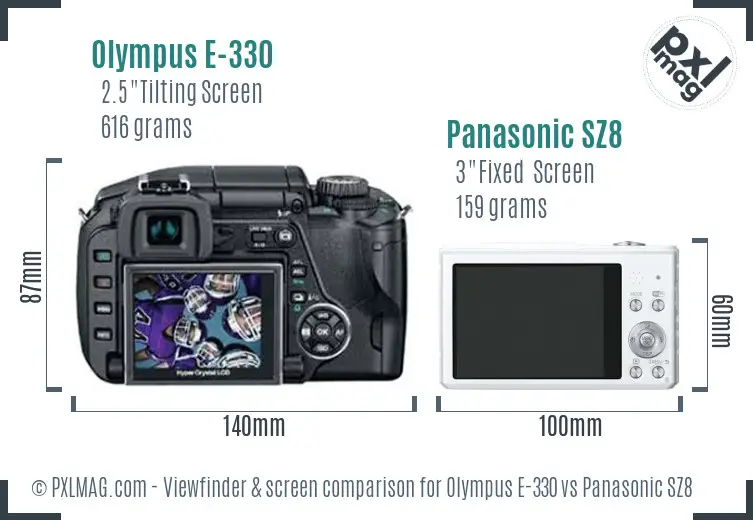 Olympus E-330 vs Panasonic SZ8 Screen and Viewfinder comparison