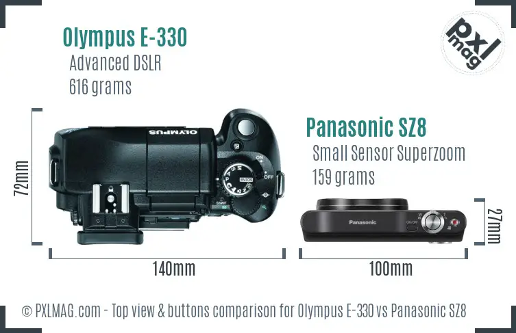 Olympus E-330 vs Panasonic SZ8 top view buttons comparison
