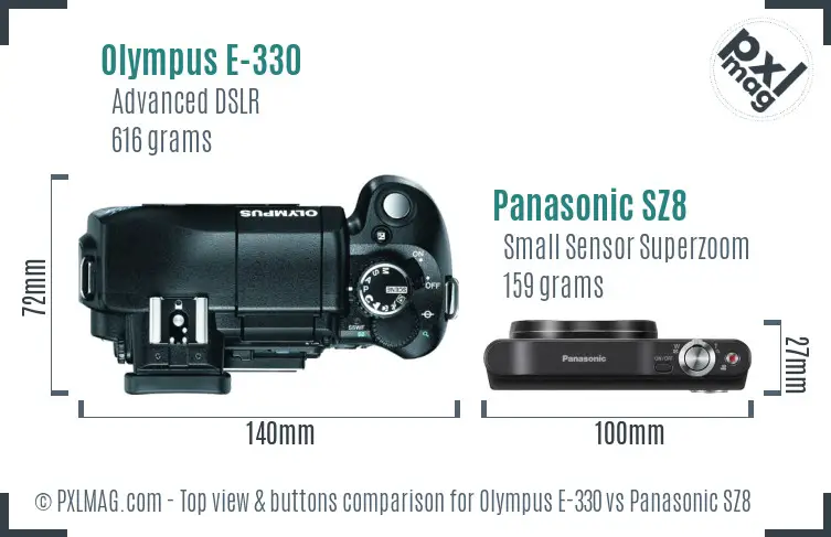 Olympus E-330 vs Panasonic SZ8 top view buttons comparison Olympus E-330 vs Panasonic SZ8 top view buttons comparison