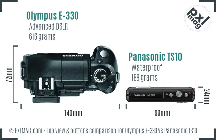 Olympus E-330 vs Panasonic TS10 top view buttons comparison