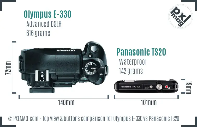 Olympus E-330 vs Panasonic TS20 top view buttons comparison