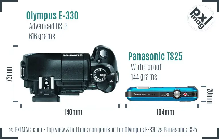 Olympus E-330 vs Panasonic TS25 top view buttons comparison