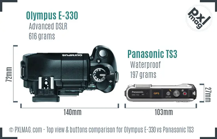 Olympus E-330 vs Panasonic TS3 top view buttons comparison
