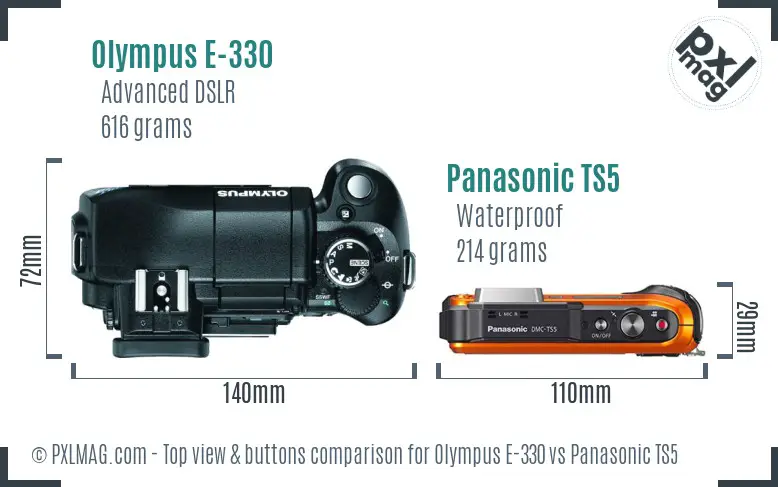 Olympus E-330 vs Panasonic TS5 top view buttons comparison