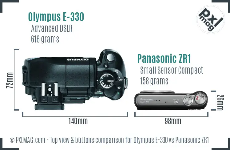 Olympus E-330 vs Panasonic ZR1 top view buttons comparison